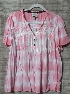 Knox Rose Pink and White Tie-Dye Peasant Blouse